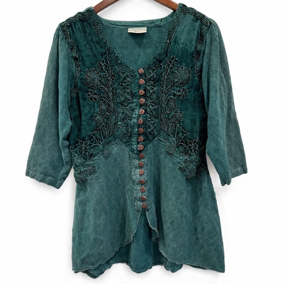 HolyClothing Tops - Holy Clothing Renaissance Fairy Velour Top/Blouse Green Embroidery Floral Sz M